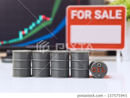 For Sale Sign with Oil Barrels and Rising Energy Market Chart 137575943