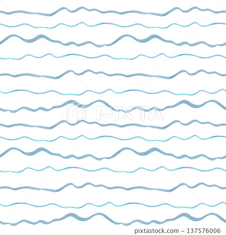 Seamless pattern of wavy blue lines. Watercolor illustration. Abstract elements in a cute nautical style. Hand drawn isolated art. Background for fabric, textiles and underwater themed wallpaper. 137576006