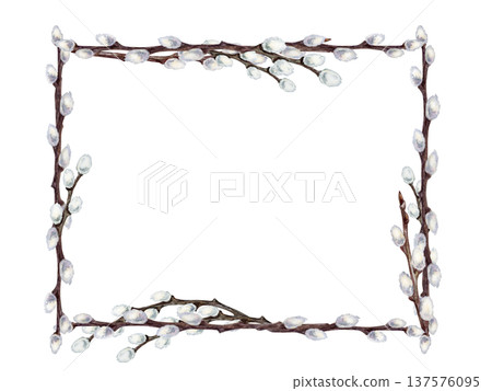 Willow branches frame. Botanical watercolor horizontal empty template of spring renewal and Easter celebration isolated on white background. Perfect for wedding, invitations, cards and seasonal design Willow branches frame. Botanical watercolor horizontal empty template of spring renewal and Easter celebration isolated on white background. Perfect for wedding, invitations, cards and seasonal design 137576095