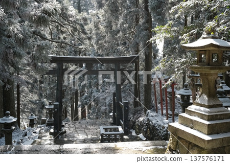 雪山小徑上的鳥居,以及冬日神社的景色 雪山小徑上的鳥居,以及冬日神社的景色 137576171