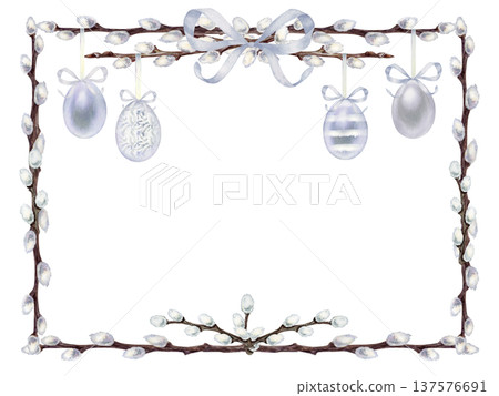 Easter frame with willow branches, decorated eggs. Botanical watercolor blank template of spring renewal and Easter celebration isolated on white background for invitations, cards and seasonal design 137576691