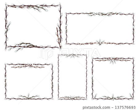 Frame set of willow branches. Watercolor blank template dedicated to spring renewal and the Easter holiday, isolated on a white background. Perfect for weddings, invitations, cards, seasonal designs. 137576693