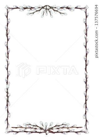 Vertical frame of willow branches. Watercolor blank template dedicated to spring renewal and the Easter holiday, isolated on a white background. Perfect for weddings, invitations, cards, seasonal Vertical frame of willow branches. Watercolor blank template dedicated to spring renewal and the Easter holiday, isolated on a white background. Perfect for weddings, invitations, cards, seasonal 137576694