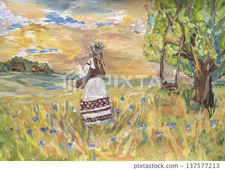 Gouache painting hand-made Belarusian girl in a national costume in a wheat field looking into the distance. Summer landscape with a yellow field, a clear sky, trees, and wooden houses. Gouache painting hand-made Belarusian girl in a national costume in a wheat field looking into the distance. Summer landscape with a yellow field, a clear sky, trees, and wooden houses. 137577213