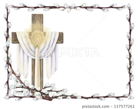 Watercolor frame with wooden Christian cross, white cloth, burning candle, willow branches. Religious Easter clipart with candle light, soft golden glow on white background. Symbol of resurrection 137577261