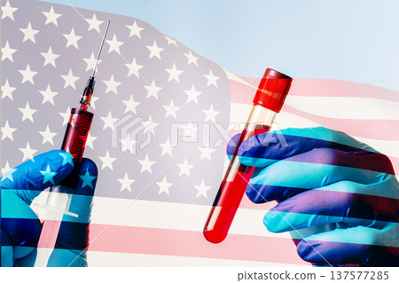 A doctor's hand holds a syringe with a vaccine in the background of the United States flag. The image represents the concept of COVID-19 vaccinations, which are used to prevent the spread of the virus 137577285