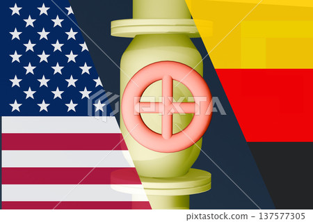 U.S. and German flag on the background of a natural gas supply pipe. U.S. and German flag on the background of a natural gas supply pipe. 137577305