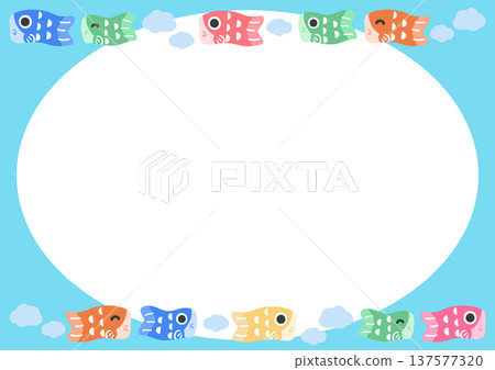 可愛的鯉魚飄帶邊框背景。向量素材，適用於直式海報。兒童節。 137577320