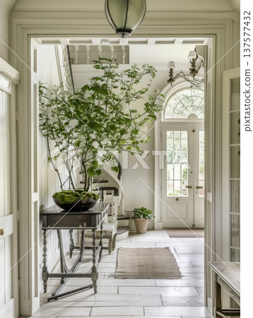 White and Olive Green Country Entrance Hall Elegant Farmhouse Style Refined Simplicity 137577432