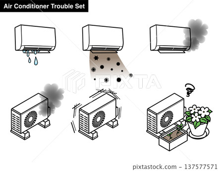 冷氣故障排除指南：室內外機故障及異常情形詳解。包含等軸測圖和透視圖。 137577571