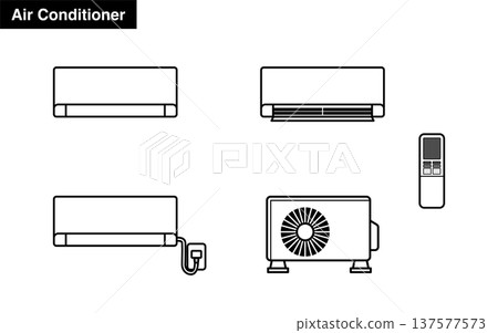 Air conditioner front view set: Line drawings of indoor unit, outdoor unit, and remote control 137577573