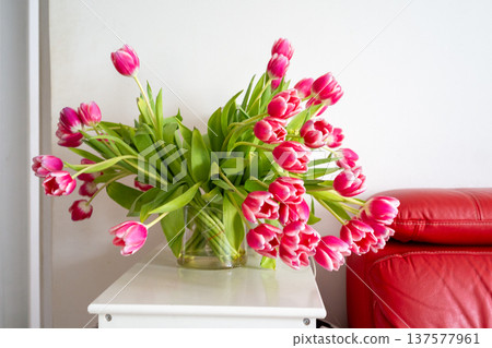 Pink tulip flower bouquet Fashionable tulip bouquet set against straightforward background highlighted Pink tulip flower bouquet Fashionable tulip bouquet set against straightforward background highlighted 137577961