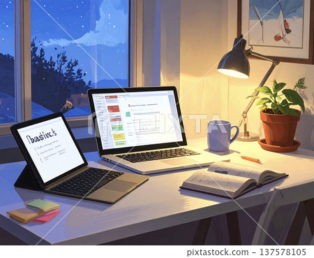 A scene of working adults studying for reskilling or qualifications in a quiet environment at night A scene of working adults studying for reskilling or qualifications in a quiet environment at night 137578105