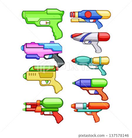 Collection of colorful water toy guns for summer play 137578146