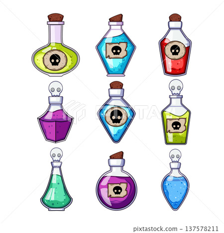Collection of magic potion bottles with skull labels Collection of magic potion bottles with skull labels 137578211