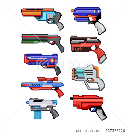 Collection of colorful toy blasters for children's play Collection of colorful toy blasters for children's play 137578228