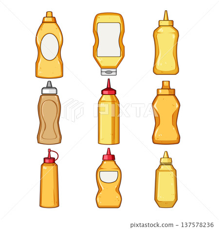 Collection of sauce bottles with blank labels for condiments 137578236