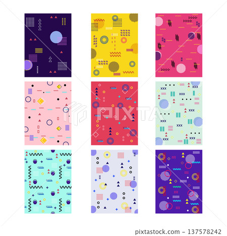 Memphis style geometric patterns creating abstract backgrounds set Memphis style geometric patterns creating abstract backgrounds set 137578242