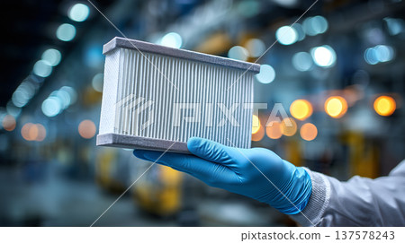 Hand holding clean air filter in factory production environment automotive cabin filtration replacement Hand holding clean air filter in factory production environment automotive cabin filtration replacement 137578243