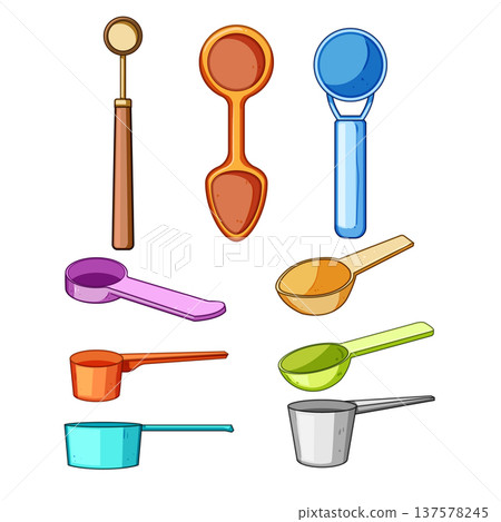 Kitchen measuring scoops and spoons for cooking ingredients Kitchen measuring scoops and spoons for cooking ingredients 137578245