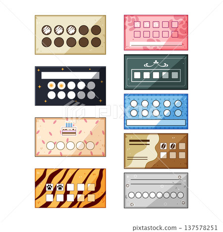 Collection of various colorful loyalty punch cards designs 137578251