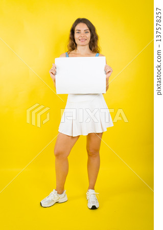 Smiling woman holding blank white sign copy space 137578257