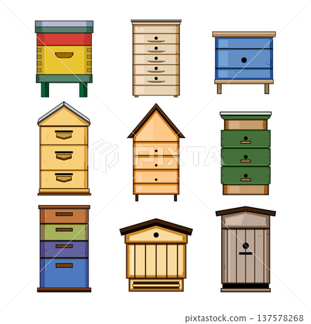 Various beehives creating beekeeping and honey production concept 137578268