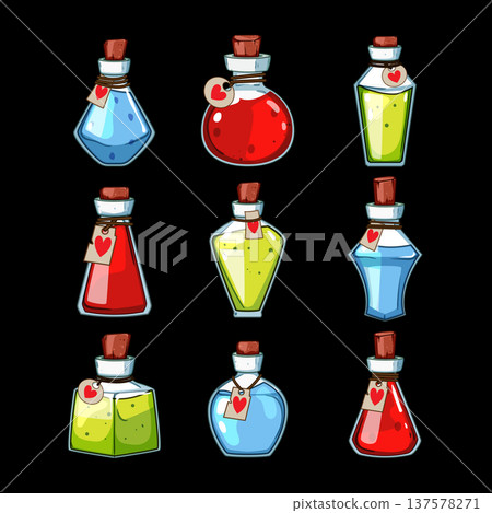 Fantasy magic potions set with heart labels Fantasy magic potions set with heart labels 137578271