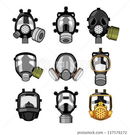 Collection of protective gas masks and respirators illustrating safety Collection of protective gas masks and respirators illustrating safety 137578272