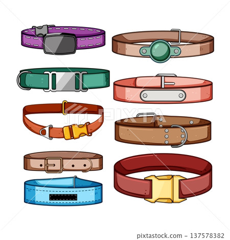 Various pet collars illustrating different designs and styles Various pet collars illustrating different designs and styles 137578382