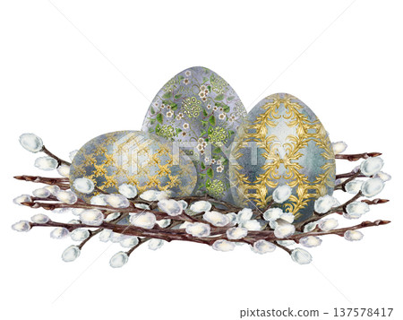 Elegant watercolor Easter eggs with golden ornamental patterns resting on blooming willow branches. Vintage inspired spring composition for Easter greeting cards, invitations and holiday decorations 137578417