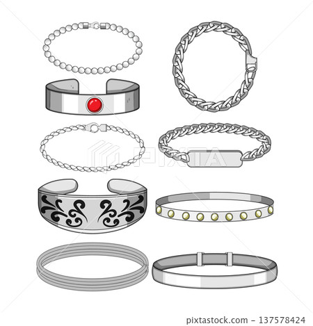 Collection of various silver bracelets and jewelry accessories designs 137578424