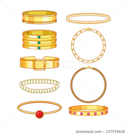 Gold bracelets collection showcasing luxury jewelry accessories Gold bracelets collection showcasing luxury jewelry accessories 137578426