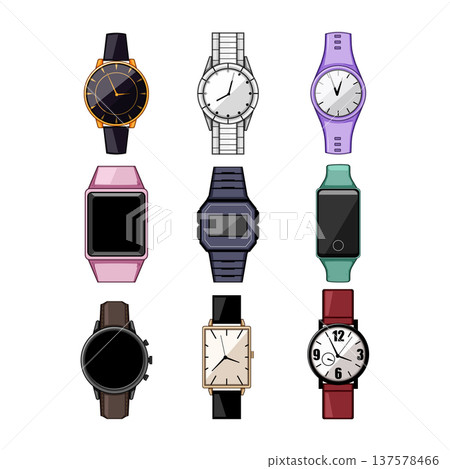 Different wristwatches collection showing analog and digital timepieces Different wristwatches collection showing analog and digital timepieces 137578466