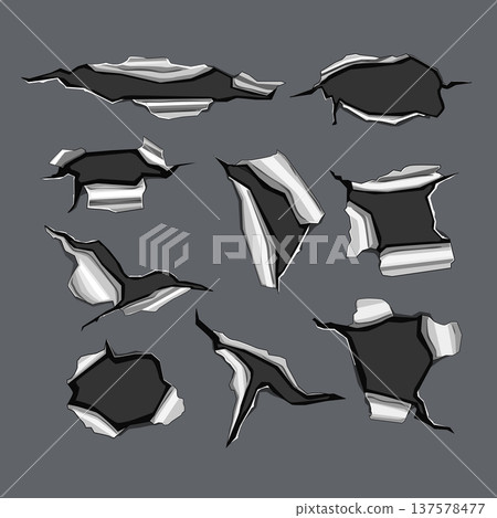 Torn metal hole vector set exposing layers 137578477