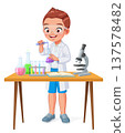 Happy elementary school boy making experiment in chemistry class. Cartoon vector illustration. 137578482