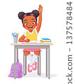 Young cute African-American elementary school girl sits at her desk raising her hand. Cartoon vector illustration. 137578484
