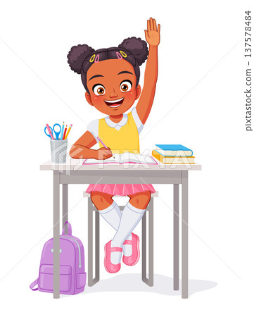 Young cute African-American elementary school girl sits at her desk raising her hand. Cartoon vector illustration. Young cute African-American elementary school girl sits at her desk raising her hand. Cartoon vector illustration. 137578484