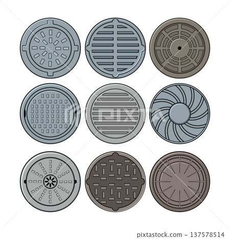 Urban infrastructure presenting various manhole cover designs Urban infrastructure presenting various manhole cover designs 137578514