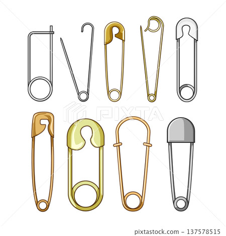 Assortment of different metallic safety pins on white Assortment of different metallic safety pins on white 137578515