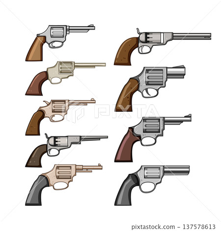 Set of various handguns revolver pistols illustrating weapon types Set of various handguns revolver pistols illustrating weapon types 137578613
