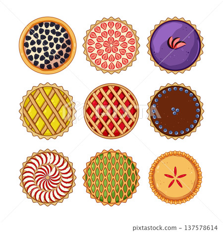 Assortment of sweet pies and fruit tarts illustration Assortment of sweet pies and fruit tarts illustration 137578614