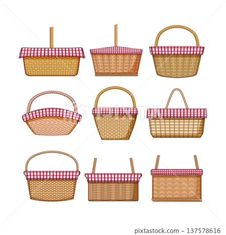 Picnic baskets collection with various designs for outdoor dining Picnic baskets collection with various designs for outdoor dining 137578616