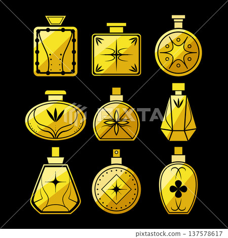 Golden perfume bottles presenting luxury fragrances collection 137578617