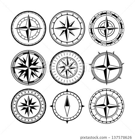 Nautical compass rose symbols guiding global direction Nautical compass rose symbols guiding global direction 137578626