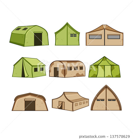 Military tent models displaying army and refugee camp shelters 137578629