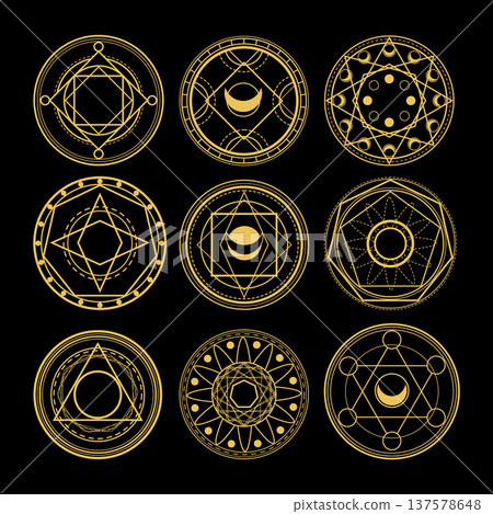 Golden magic circles esoteric symbols on black background Golden magic circles esoteric symbols on black background 137578648