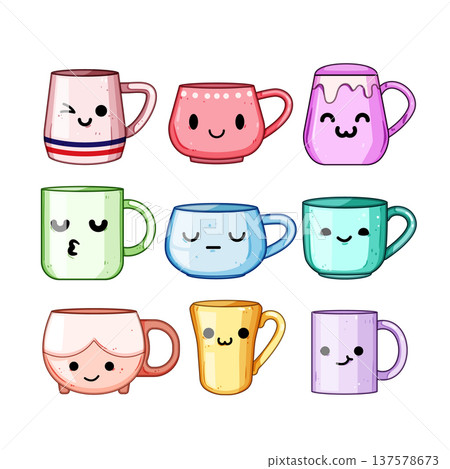 Colorful kawaii mugs collection showing various cute expressions 137578673