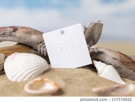 Blank round tag on beige sand near seashells with copy space, coastal beach mockup Blank round tag on beige sand near seashells with copy space, coastal beach mockup 137578682