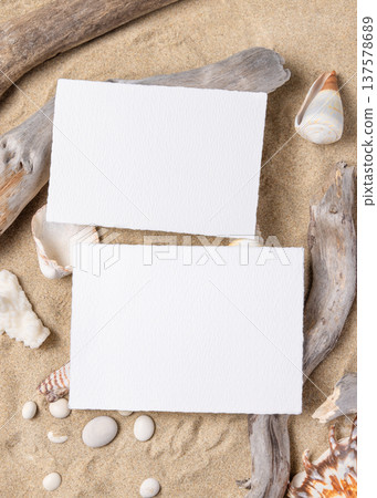 Wedding horizontal card mockup set on sand with seashells and driftwood, beach event design 137578689
